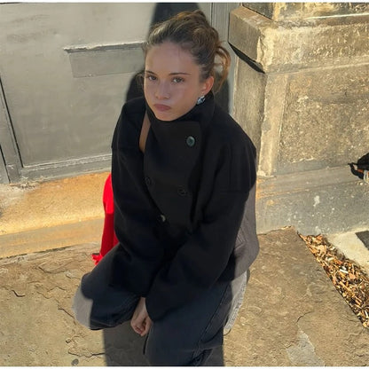 Dames Wolblend Jas met Hoge Kraag en Dubbele Knopen