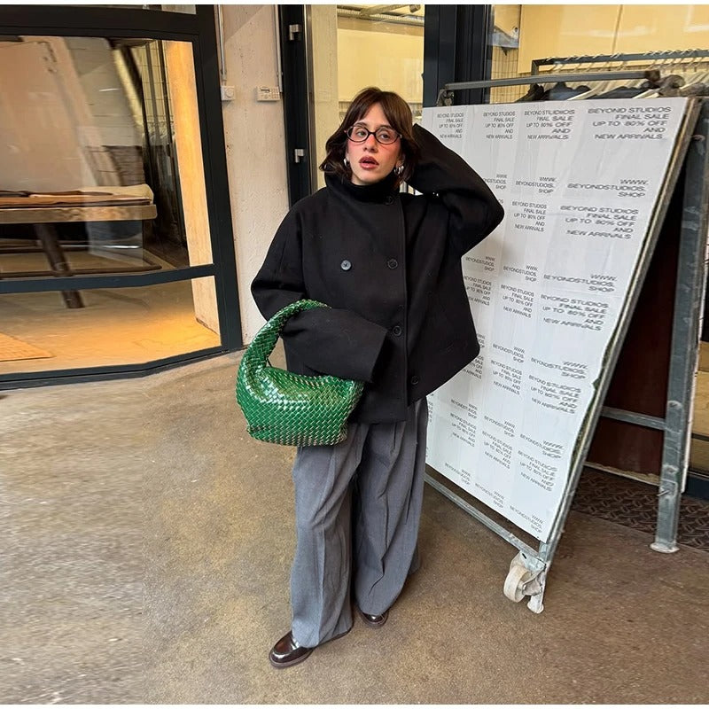 Dames Wolblend Jas met Hoge Kraag en Dubbele Knopen