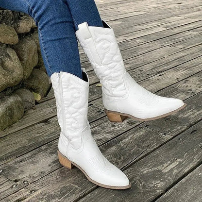 Dames Cowboylaarzen Western met Puntneus Blokhak en Stikseldetails