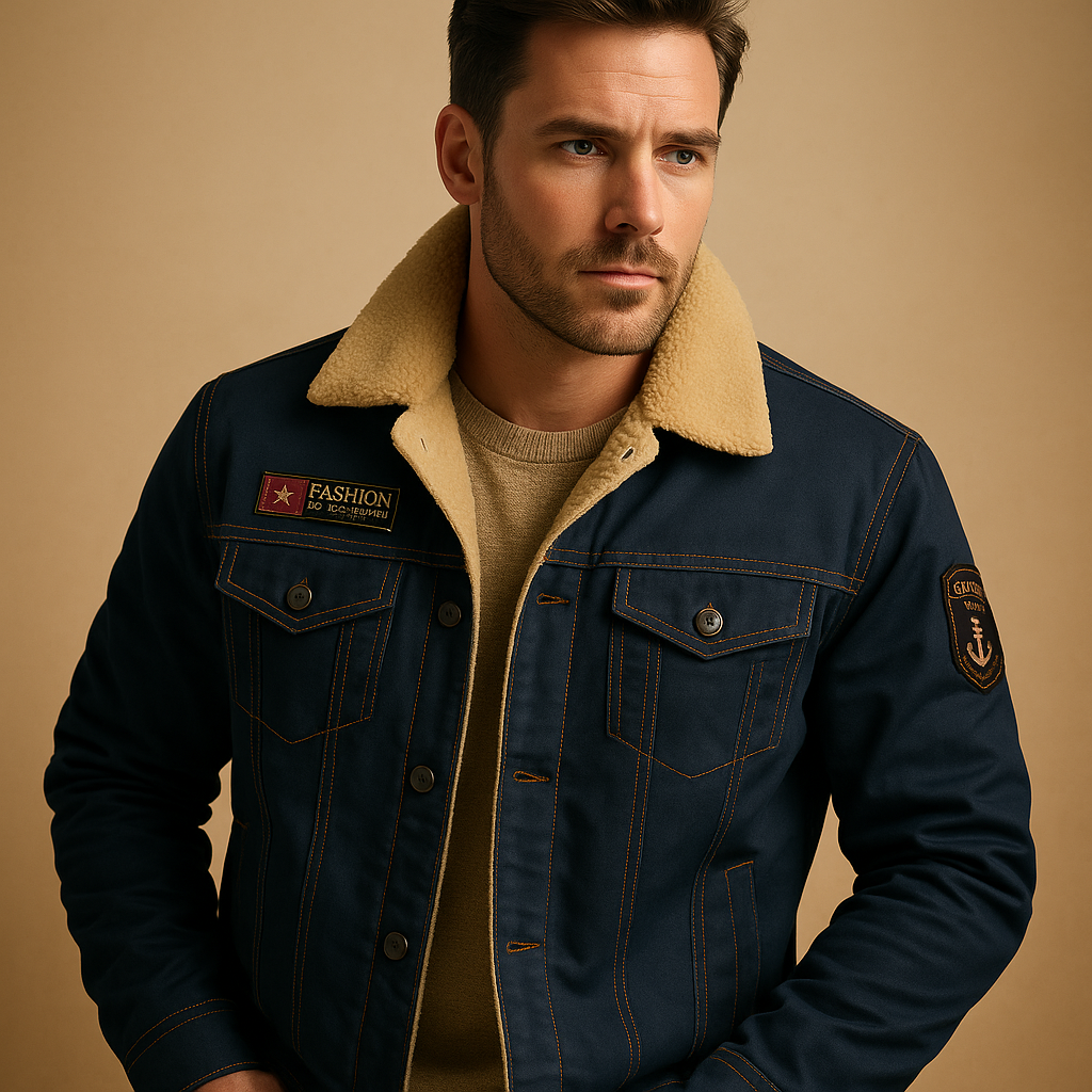Denim Winterjas Heren Met Fleece Voering En Borstzakken