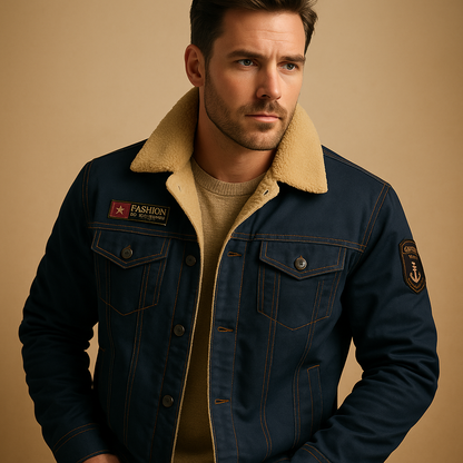 Denim Winterjas Heren Met Fleece Voering En Borstzakken