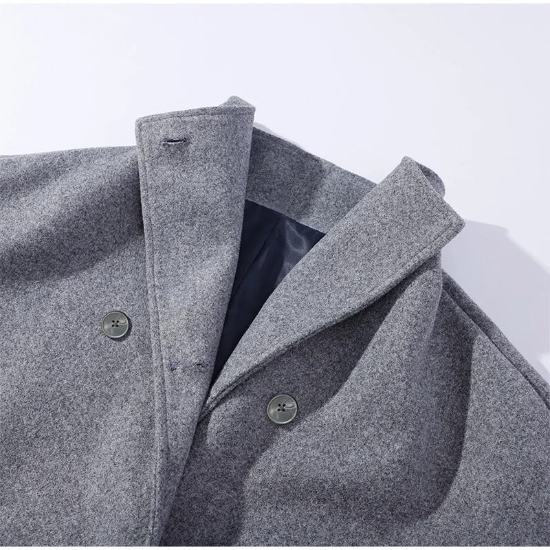 Dames Wolblend Jas met Hoge Kraag en Dubbele Knopen