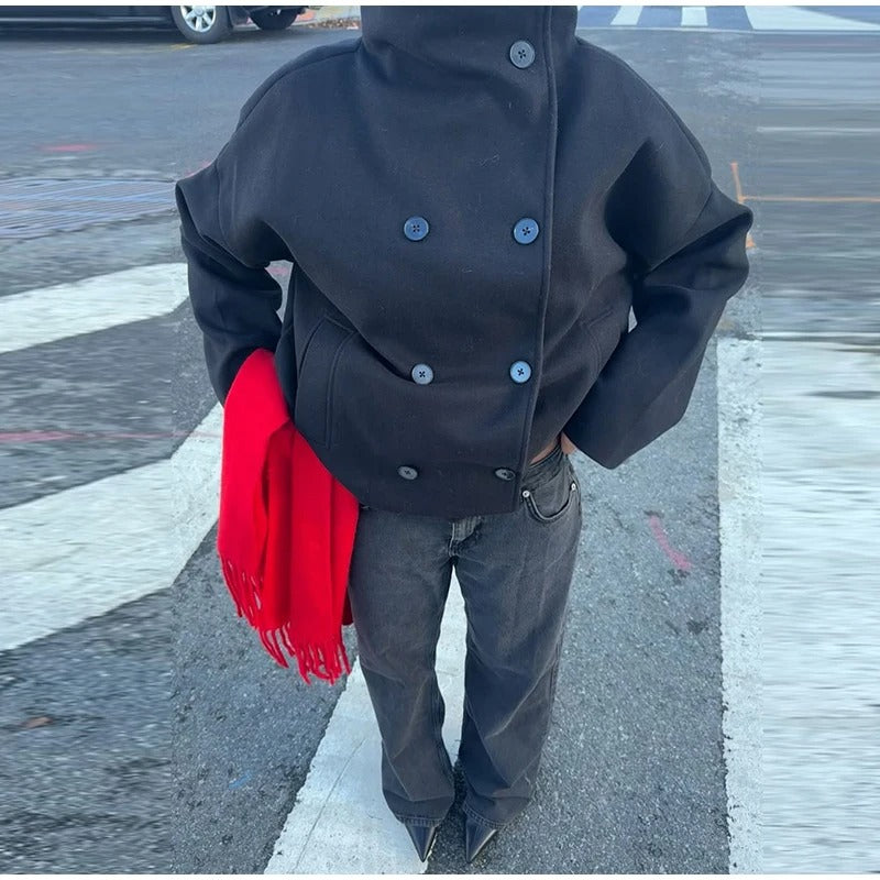 Dames Wolblend Jas met Hoge Kraag en Dubbele Knopen