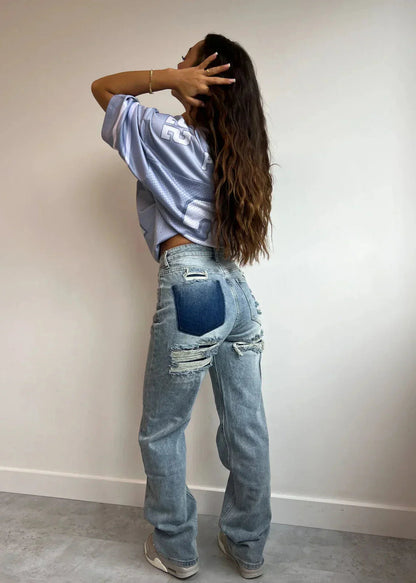 Noelle - Destroyed jeans met contrasterende zakken