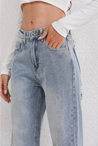 Noelle - Destroyed jeans met contrasterende zakken
